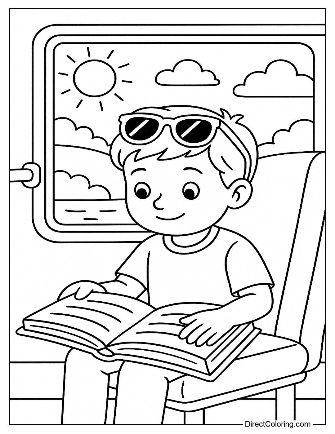 Summer bus reading coloring page with sunglasses on forehead